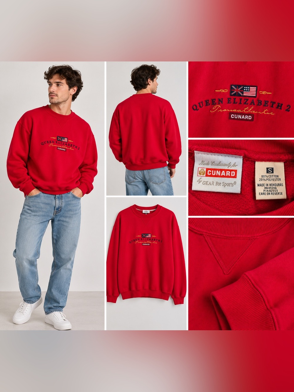 Vintage 1990s Cunard Queen Elizabeth 2 QE2 Sweatshirt Red Small